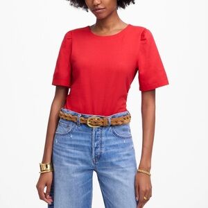 Madewell Side Cinch Puff Sleeve Tee Shirt NWT XS Red 100% Cotton